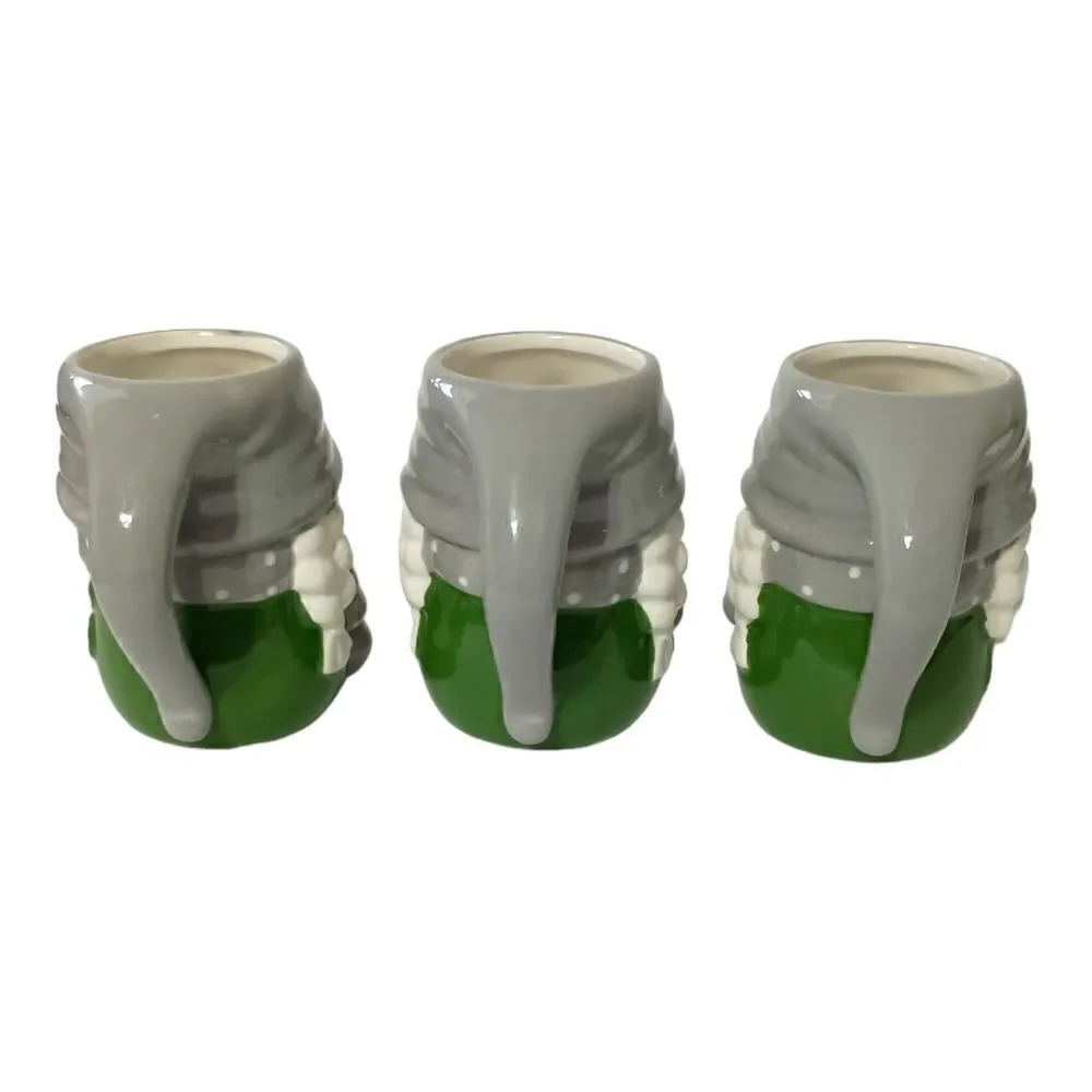 Pottery Barn Gnome Gnomette‎ Mug Set x 3 Ceramic Holiday Gray Green Polka Dots